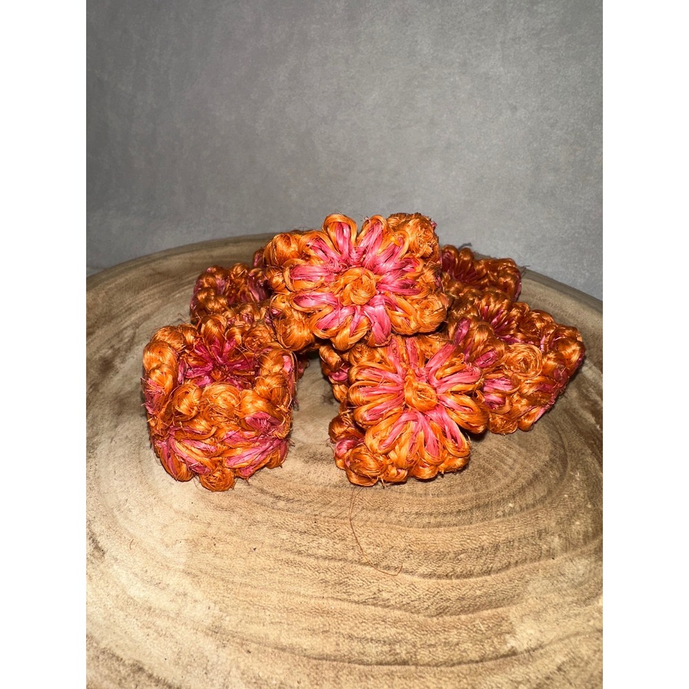 WOVEN BOHO FLORAL TOWEL‎ RINGS PINK/ORANGE SET OF 4